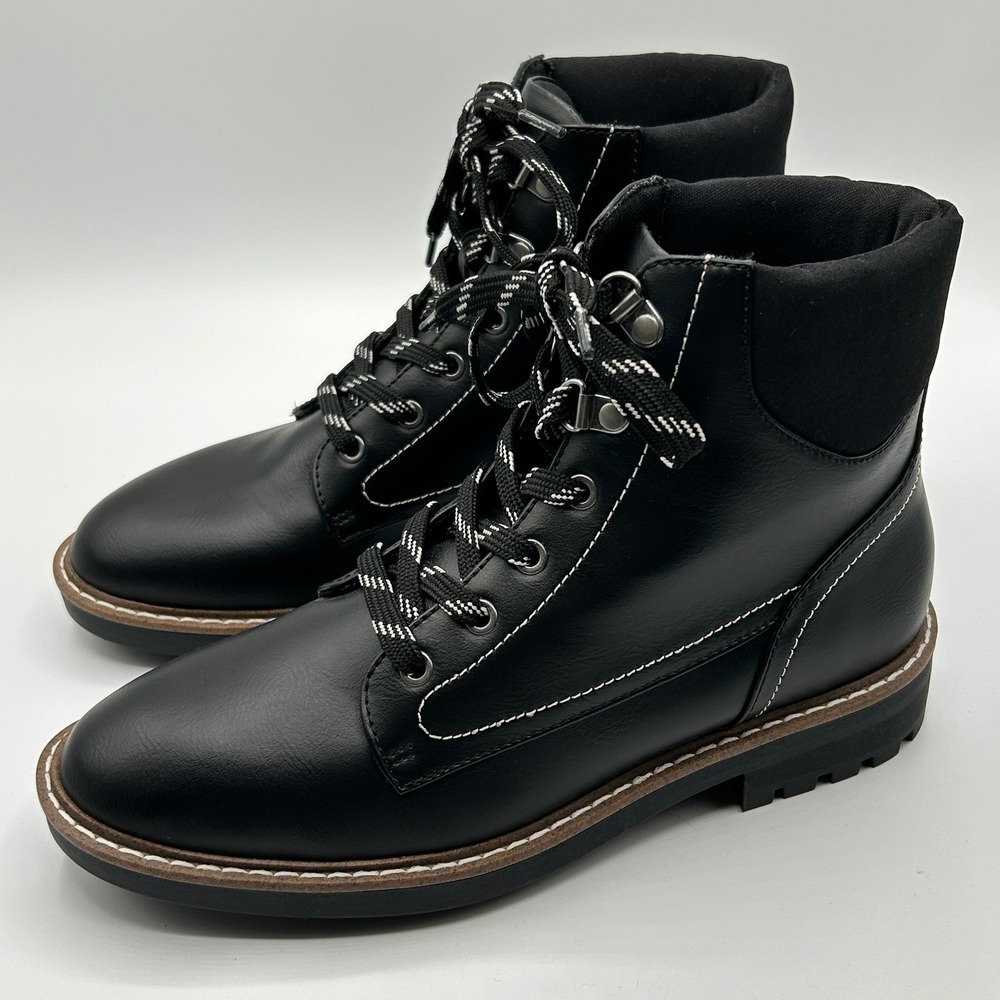 St Johns Bay Durham Black Combat Boots Womens 7M Memory Foam Lug Grunge‎ Biker